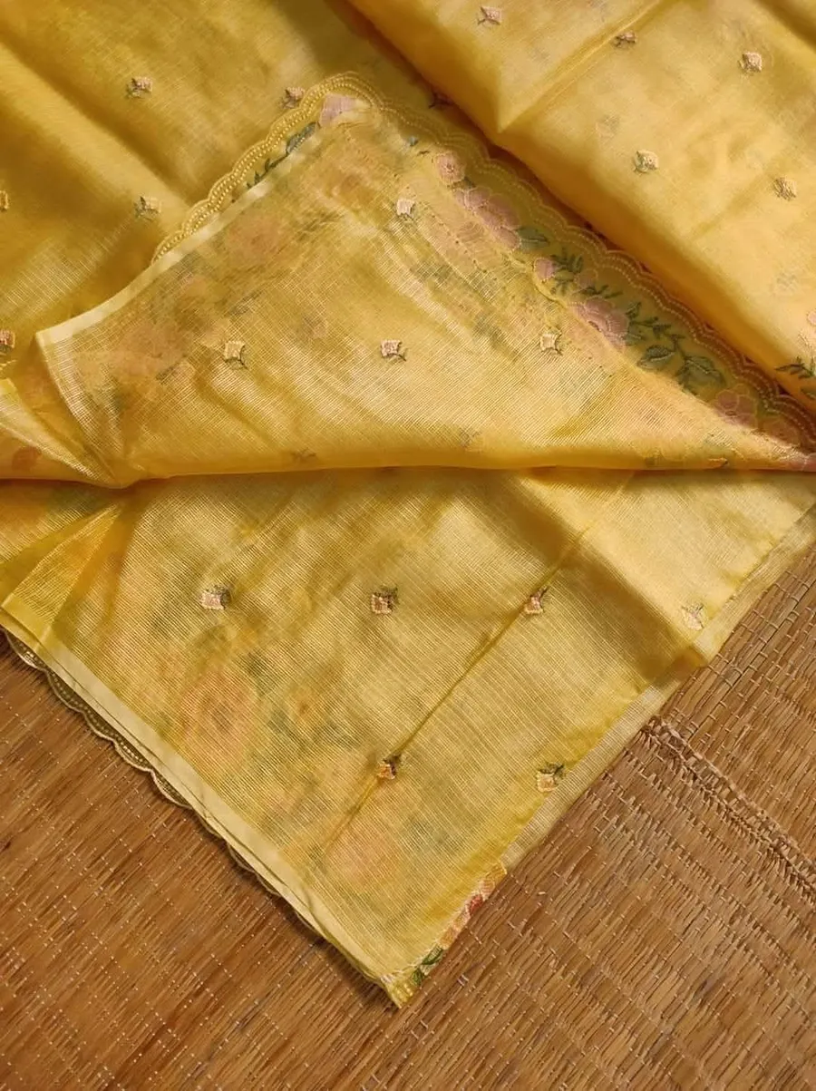 Graceful Charm: Handcrafted Kota Doria Saree with Intricate Embroidery